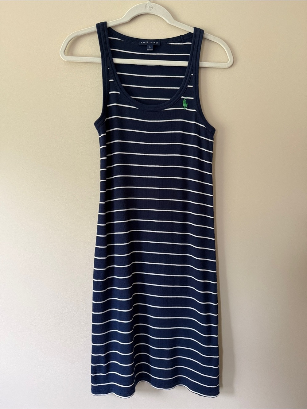 Ralph Lauren Navy and White Striped Tank Midi Dress with Green Logo